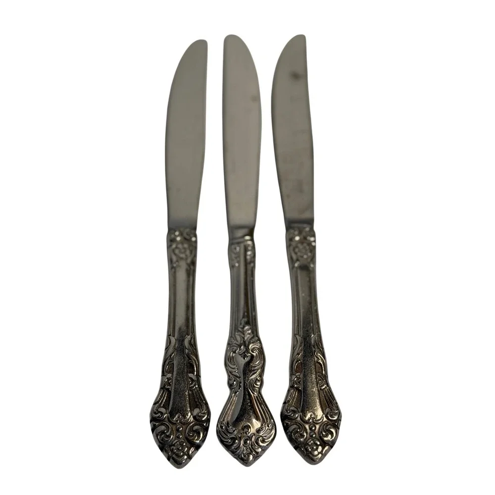VTG Reed & Barton Dinner Knives Silver Heritage Mint Floral Scroll Set of 3‎ 9